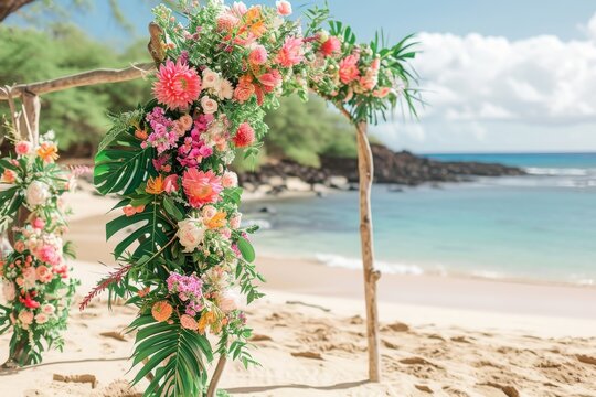A photo of a beautiful floral arch on a sandy beach with a picturesque view of the ocean, A picturesque Hawaiian beach wedding with a floral setup, AI Generated