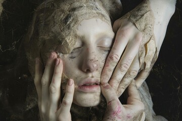 Portrait of a woman covered in mud with hands on face against black background, expressing emotions and connection with nature