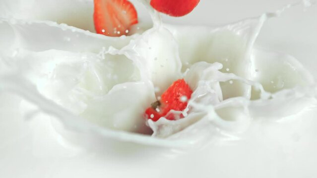 Mesmerizing slow motion video of strawberries and candies gently falling into creamy milk, creating gorgeous swirls and splashes. Ideal for food and beverage ads or captivating social media content