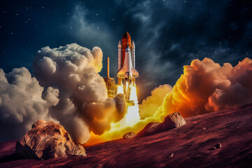 Space Shuttle Launching into the Night Sky from Mars surface. Generative AI - obrazy, fototapety, plakaty