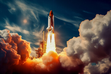 Space Shuttle Launching into the Night Sky. Generative AI - obrazy, fototapety, plakaty