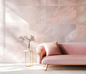 Template of pastel pink marble wall with soft sofa, luxury minimalist living room. Interior mockup with clean walls for pictures, posters, paintings, sculptures, and other wall art.