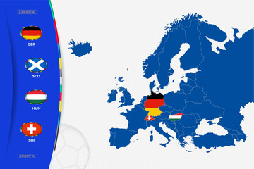 Map of Europe with marked maps of countries participating in group A of the European football tournament 2024.