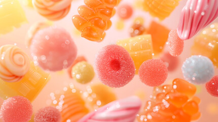 Close up view of falling colored jelly fruit sweets.