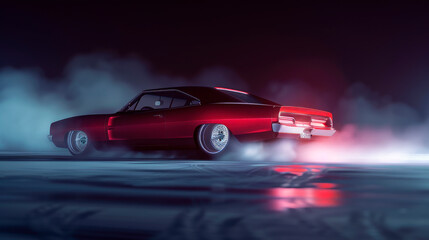 Fototapeta na wymiar Retro red car drifting with lots of smoke from burning tires on speed track at night.