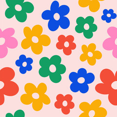 Abstract floral seamless pattern with cute colorful groovy flowers. Vector illustration
