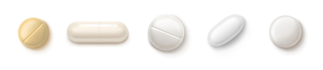 Pill realistic vector set. Medical pills healthcare illustration. - obrazy, fototapety, plakaty
