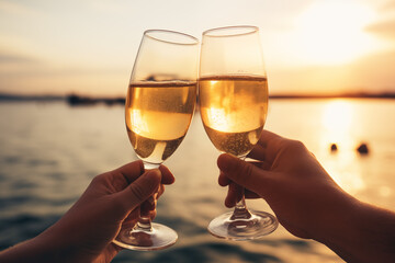 Obraz premium Celebrating Sunset with Champagne Toast. Two hands holding champagne glasses on the background of the sea. Generative AI