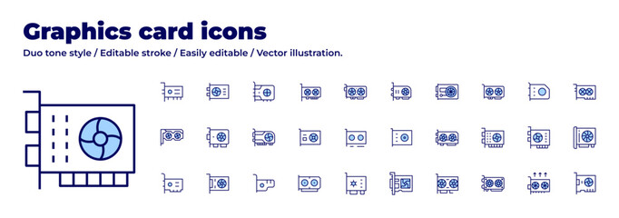 Graphics card icons collection. Duo tone style. Editable stroke, graphiccard, vga, gpu, computer, vgacard, videocard, graphicscard.