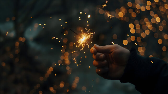 Close-up view capturing the dazzling ignition of a sparkler held in hand, against a glowing bokeh background