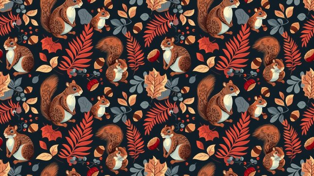 Squirrels with acorns, autumn vibes, rich colors