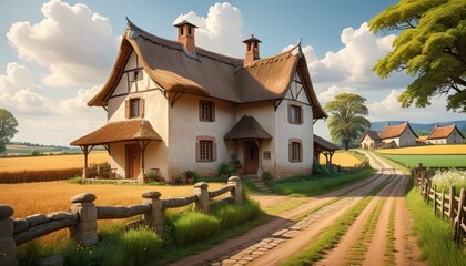 Fototapeta premium Quaint countryside cottage with a thatched roof, nestled in a picturesque setting with golden fields and a cobblestone path. AI Generation