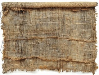 A piece of fabric with a lot of frayed edges and a brownish color. It looks like it has been used for a long time - obrazy, fototapety, plakaty