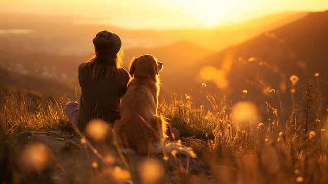 Heartwarming image of a woman with her loyal dog companion admiring a beautiful mountain sunset