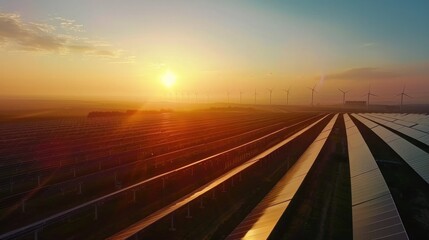 Fototapeta premium Renewable Energy Landscape at Sunset with Solar Panels and Wind Turbines