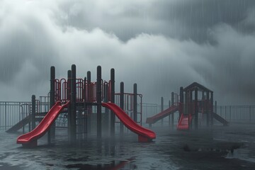 A playground featuring a central red slide surrounded by various play structures and equipment, A playground in a cloud-filled, rainy atmosphere, AI Generated