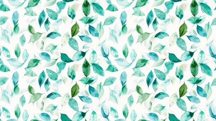 Whisper-thin leaves in watercolor, blending emerald and azure, floating on white, - obrazy, fototapety, plakaty
