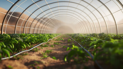 An expansive greenhouse tunnel with growing plants, highlighting modern agricultural technologies