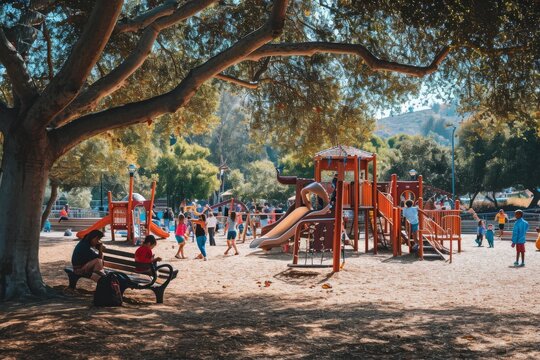 A diverse group of individuals standing together and observing a playground, A playground filled with children playing and laughing, AI Generated