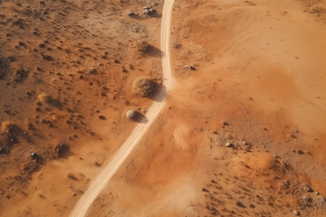 Aerial View of Desert Landscape with road. Road through the desert from above. Generative AI