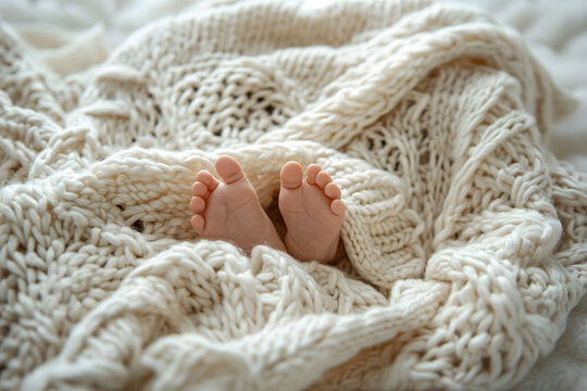 Tiny infant feet gently wrapped in a soft, knitted, cream-colored blanket on a comfortable bed, depicting innocence and new life