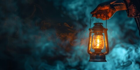 A person is holding a lantern in a dark room with smoke. The lantern is lit, and the smoke is coming from it. The scene has a mysterious and eerie mood, as the smoke