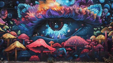 Surreal Psychedelic Alien Landscape with Captivating Kaleidoscopic Eye Artwork - obrazy, fototapety, plakaty
