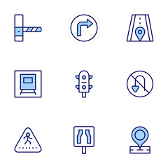 Road icon set. Duo tone icon collection. Editable stroke, toll road, train, zebra crossing, turn left, traffic lights, no turn, road, placeholder, narrow road.