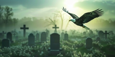 A large eagle flies over a cemetery. The cemetery is full of gravestones and the sky is cloudy