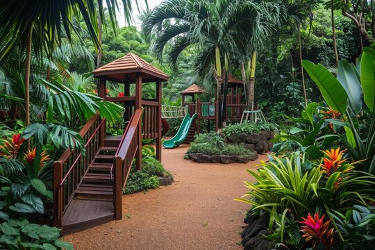A photo of a pathway leading through a lush tropical garden filled with a variety of trees and plants, A playground set in a lush, tropical jungle, AI Generated