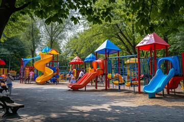 A vibrant childrens play area with colorful playground equipment and kids engaging in active play, A playground teeming with laughing children, colorful toys, slides, and swings, AI Generated