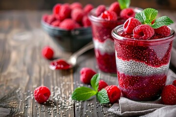 Two jars of chia pudding with raspberry jam with a bowl of raspberries in the background Close up...