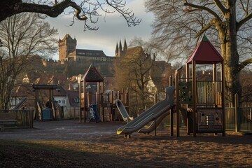 Fototapeta premium A photo featuring a playground set in a park, with a majestic castle visible in the background, A playground under the shadow of an imposing castle, AI Generated