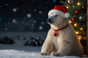 white polar bear with Christmas tree, AI Generative