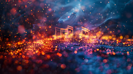 Music notes floating in colorful sky create a whimsical atmosphere - obrazy, fototapety, plakaty
