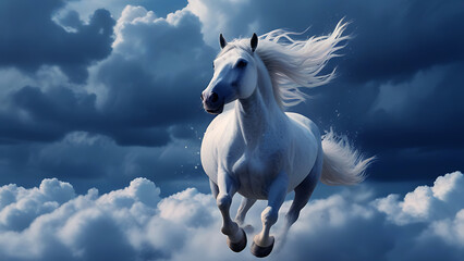 Obraz na płótnie Canvas white running horse in the sky, AI Generative
