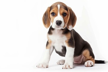 Two month old beagle on white background