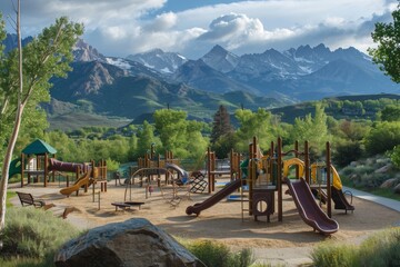 Fototapeta premium A childrens playground with a stunning mountainous backdrop, A playground with a backdrop of dramatic mountain scenery, AI Generated