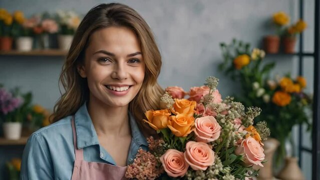 Portrait of a smiling girl florist in a flower shop
