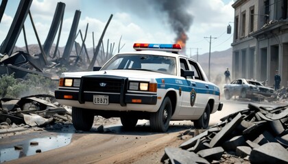 A police patrol car stands at the forefront of a scene of urban destruction, with debris and smoke hinting at recent turmoil. AI Generation - obrazy, fototapety, plakaty