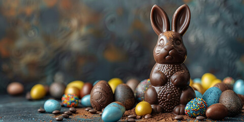 Chocolate easter bunny and colorful sweets candies and easter eggs on wooden background with copy space