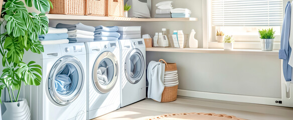 Modern Laundry Room with Stylish Organization. Home Interior Concept. Home Improvement . - obrazy, fototapety, plakaty