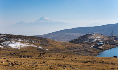 View of mount Ararat from the slope of Mount Aragats