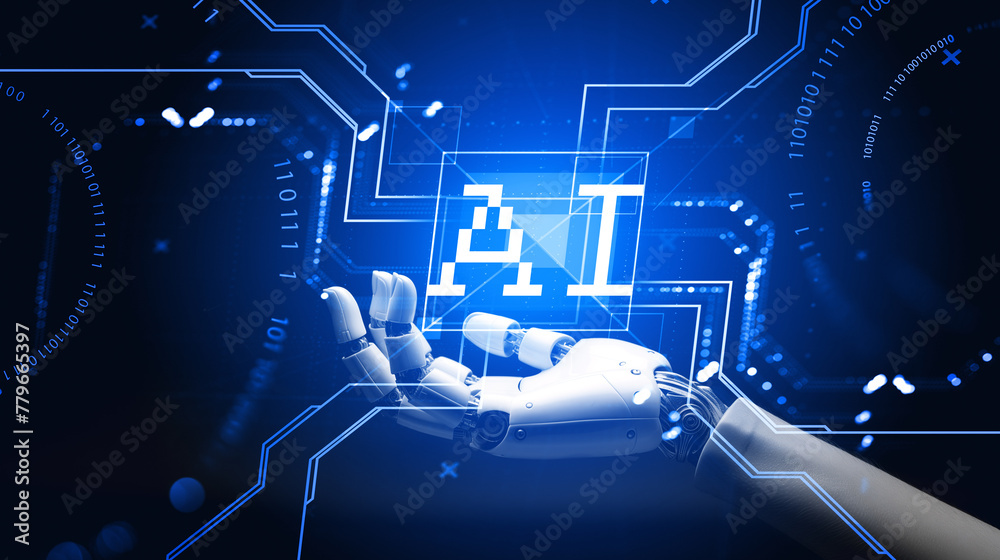 Poster robot hand with ai icon and binary with circuit. ai generative illustration