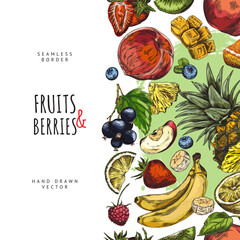 Seamless vertical border with juicy tropical fruits and berries sketch, healthy vitamin natural food hand drawn vector
