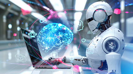Robot using computer, AI brain hologram, chat bot. Ai generative illustration