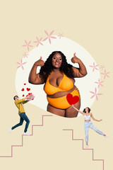 Vertical photo collage creative picture overweight happy carefree woman showing thumb up approval support feminine hear love