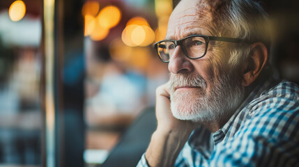 Elderly man with spectacles gazes out a window in a cafe, lost in thought or reminiscing. - obrazy, fototapety, plakaty