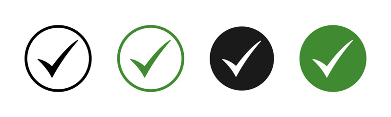 Checkmark icon set. Green ok, accept or yes buttons. Checked icon or correct choice sign. Check mark or checkbox pictogram. Tick illustration isolated. - obrazy, fototapety, plakaty
