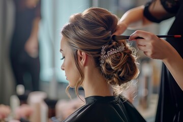 Fototapeta premium A woman sits in a salon chair while a hairstylist works on her hair, using various tools and products to style it, A professional hairdresser creating a stylish updo, AI Generated